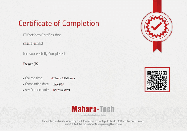 ReactJS Certificate Mena emad Sawares