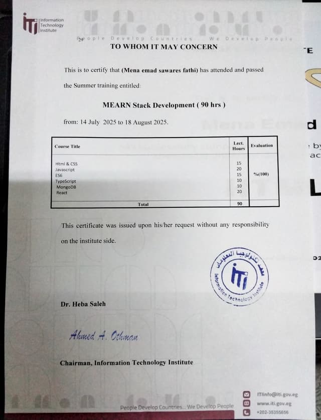 MEARN Stack Certificate Mena emad Sawares
